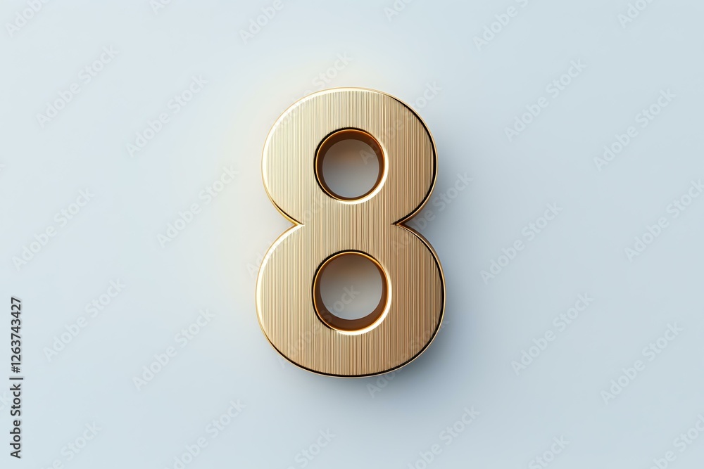 Aufkleber gold metallic number 8 with brushed texture and soft shadow on light background, isolated design ele