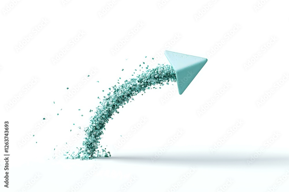 Poster turquoise paper airplane transforming into particles and flying upward with dynamic motion effect on