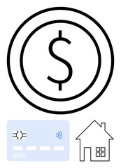 Dollar coin, wireless credit card, house outline represent money, payments, budgeting, saving, investment. Ideal for banking, finance mortgage real estate wealth planning abstract line flat