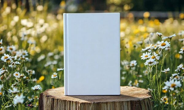 Blank book cover template standing on wooden stump against summer, spring blurred background, blooming flowers, nature, meadow, field.