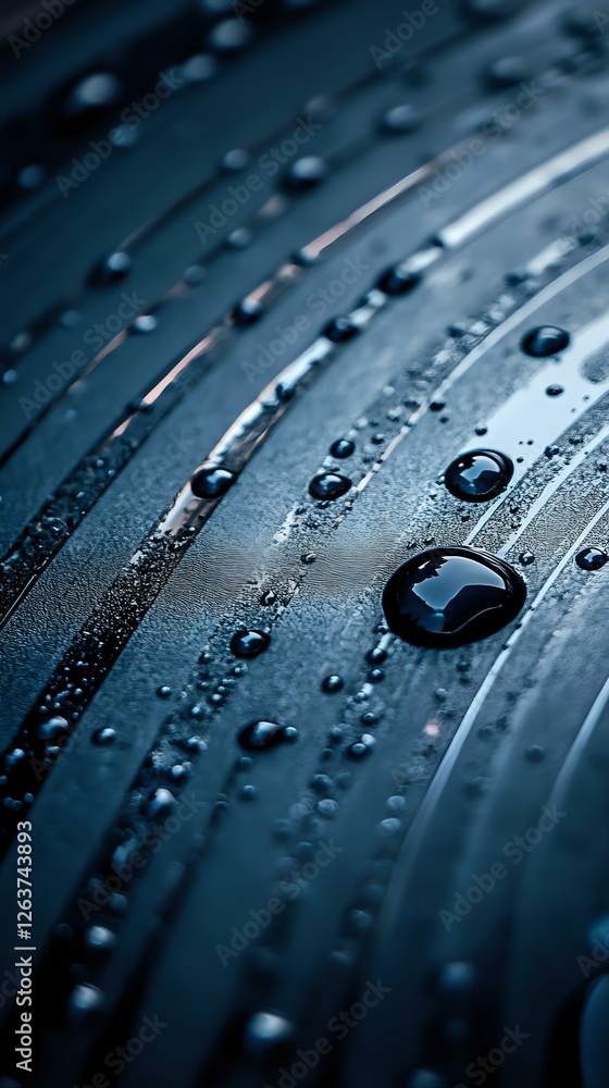 Poster water drops on dark metallic surface with curved lines creating dramatic contrast and reflection, ma
