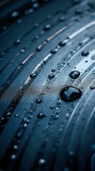 Water drops on dark metallic surface with curved lines creating dramatic contrast and reflection, macro photography showing intricate details and texture.