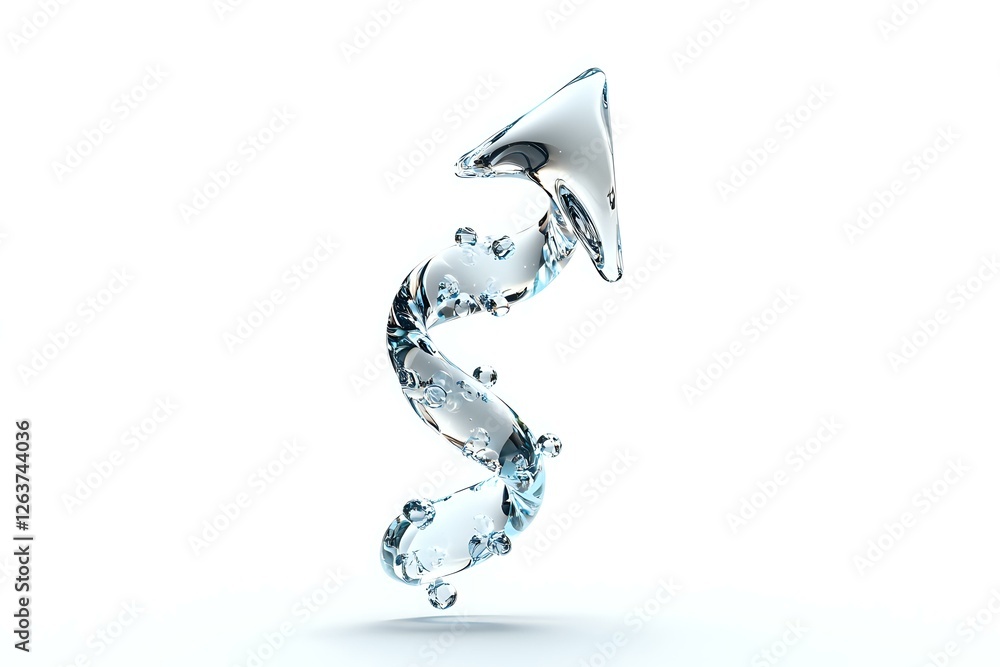 Poster dynamic spiral of water splashes and droplets forming an abstract flowing shape against white backgr