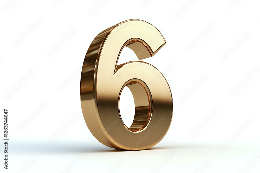 Aufkleber golden metallic number six on white background, dimensional numeral with reflective surface and soft