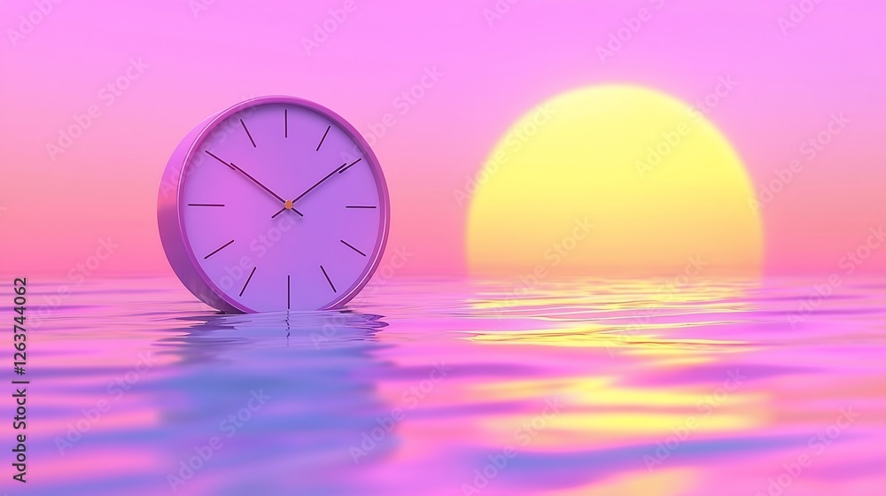 Poster Sunset clock floats on calm ocean; time, deadline concept