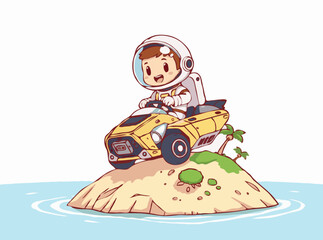 Fantasy Adventure: Astronaut Driving High-Tech Car on Island