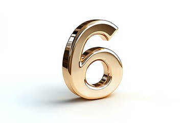 Golden metallic number six casting soft shadow on white surface, dimensional glossy digit for anniversary, ranking or address design.