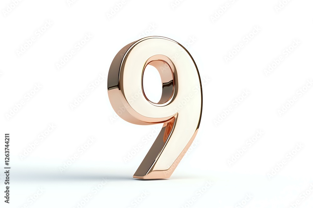Aufkleber metallic rose gold number nine on white background, dimensional numeral with reflective surface and 