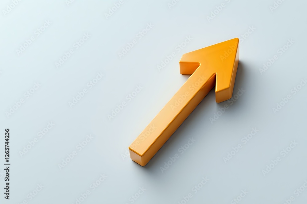 Poster orange diagonal arrow pointing upward on light gray background casting soft shadow, minimalist busin