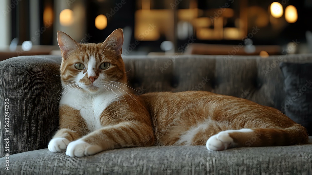 Poster ginger and white cat relaxing on gray couch in moody interior with bokeh lights background, looking 