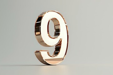 Metallic rose gold number nine on light background, glossy reflective digit with illuminated white surface, modern typography design element.
