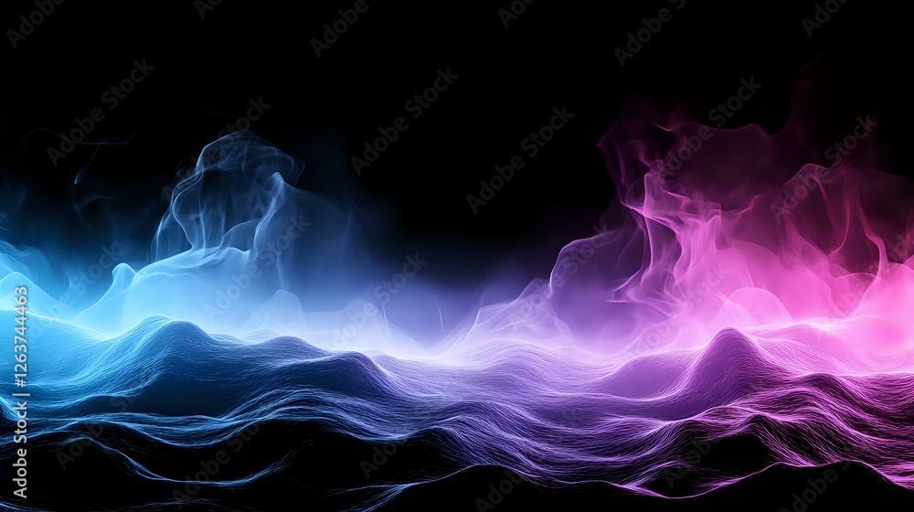 Poster ethereal blue and pink smoke waves flowing against black background create mesmerizing abstract patt