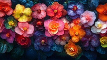 A stunning display of blooming begonias fills the garden with a kaleidoscope of colors. The rich hues and delicate petal structures create an enchanting atmosphere in this botanical paradise.