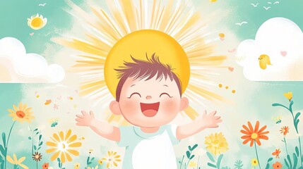 Happy child enjoying sunny day in vibrant flower field.