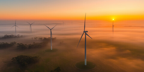 Obraz premium Rows of wind turbines generating power in scenic evening scenery at winter. Windmills generating green energy on background of orange morning sky.