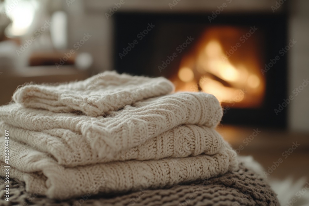 Poster cozy knitted blankets stacked in front of a warm fireplace creating a comfortable atmosphere indoors
