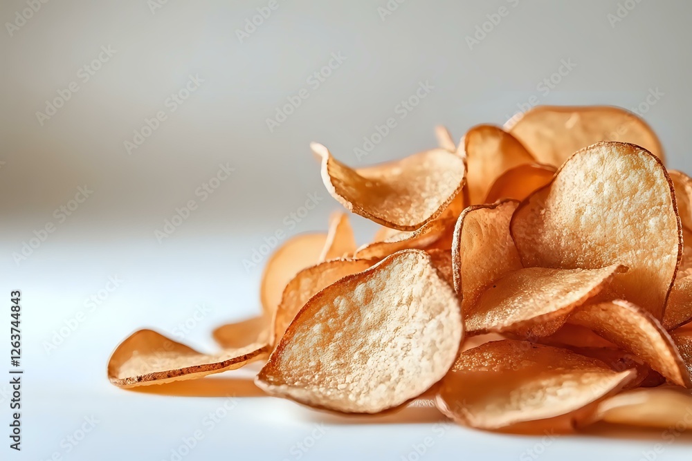 Poster crispy golden potato chips scattered on white surface with soft focus and shallow depth of field, cr