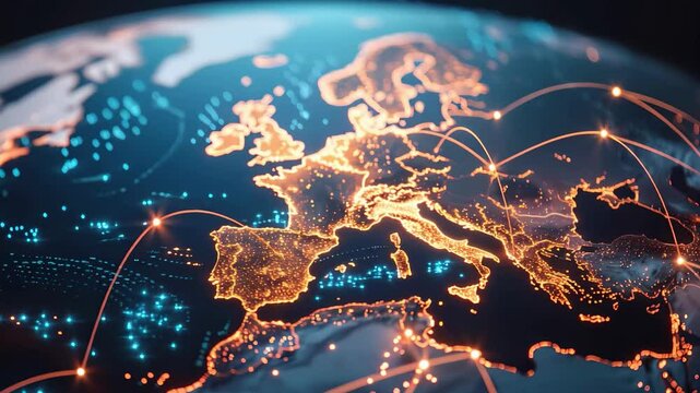 Digital globe rotation, Europe network link, finance telecommunication connectivity, business trading