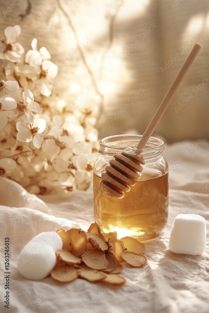 Sticker A minimalistic flat lay composition featuring a jar of honey with a wooden dipper, sugar cubes, and dried flower petals on a soft fabric background