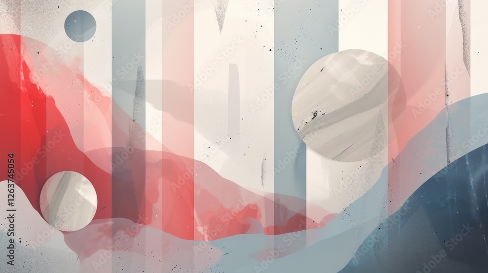 Poster a soft abstract design blending fluid shapes and neutral colors like red, blue, and beige, creating 