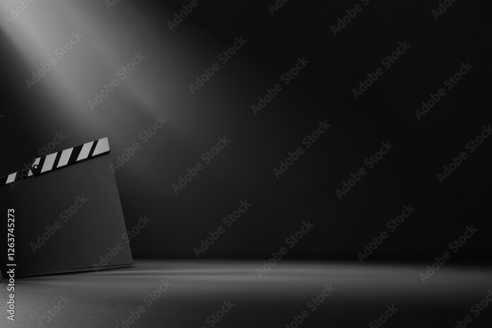 Poster classic film clapperboard on a dark background with focused lighting creating a cinematic atmosphere
