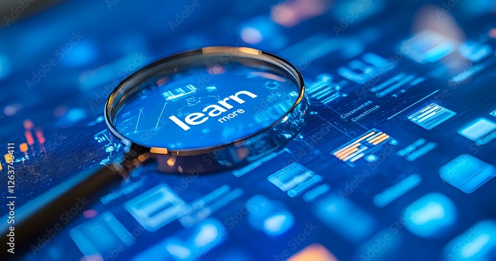Poster magnifying glass focusing on word learn on digital screen with blue technology background showing da