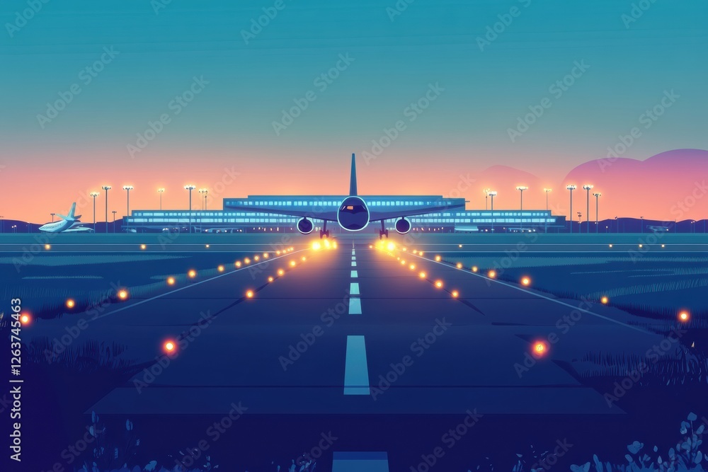 Poster airplane preparing for takeoff at a modern airport during twilight with illuminated runway lights. g