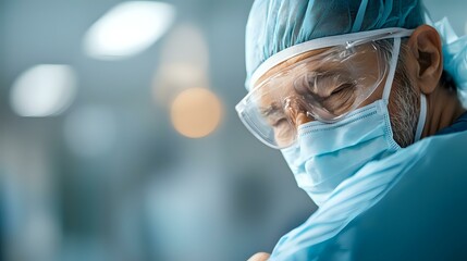 Senior Asian male surgeon wearing protective mask and goggles during medical procedure, focused expression in modern hospital operating room with bokeh lights.