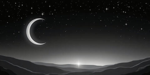 Ramadan Design Assets, helal, Starry Sky and Crescent Moon, black and white, high quality, 4K, with an empty area to add your text
starry sky, crescent moon, night sky, celestial, astronomy, space, 

