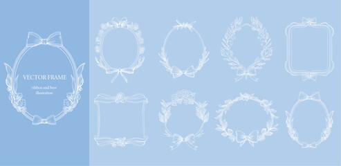 Floral Frame with ribbon and bow set . Hand drawn Botanical vector illustration. Flower line wreath white color. © Mimi Art Smile