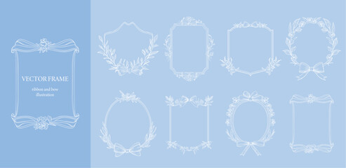 Floral Frame with ribbon and bow set . Hand drawn Botanical vector illustration. Flower line wreath white color. 