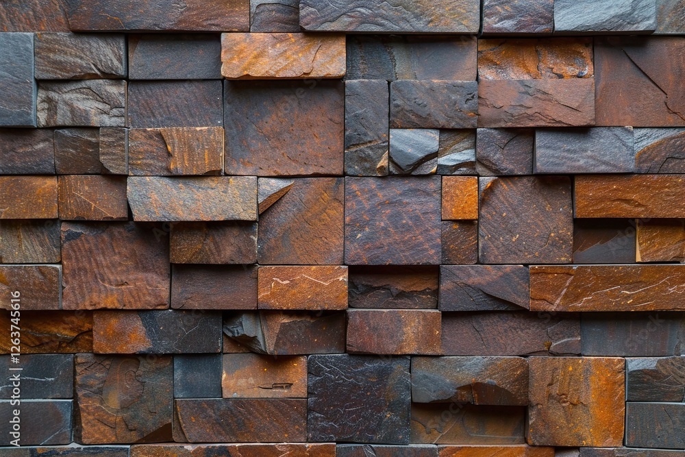 Poster an intricate arrangement of textured stone tiles in earthy hues, creating a warm and rustic backdrop