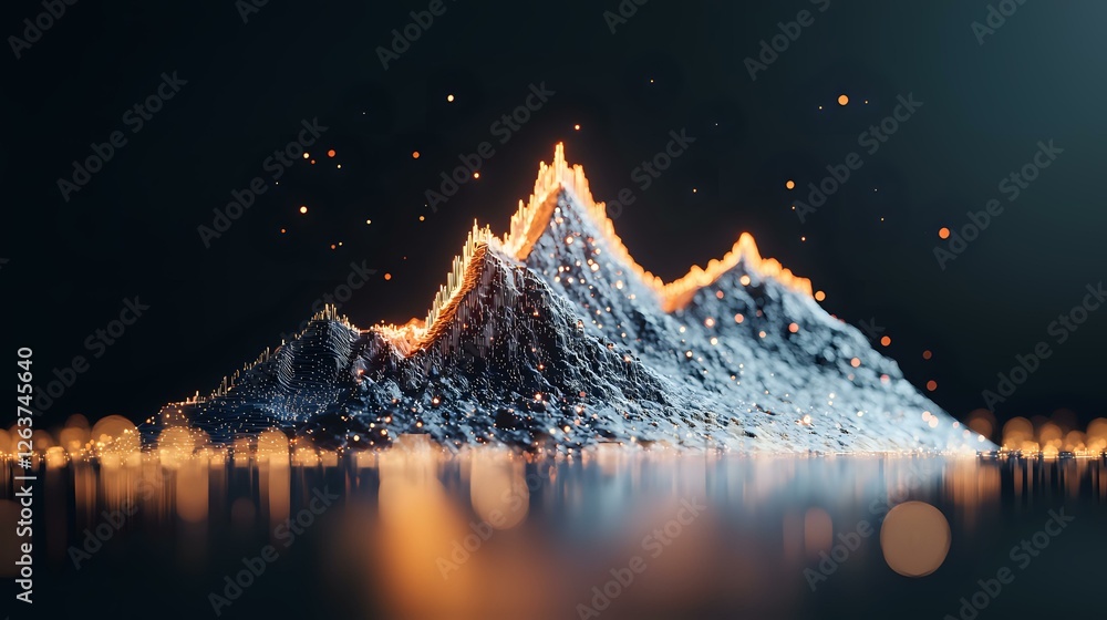 Poster glowing mountain peaks with fiery edges reflect on calm water surface against dark background, creat