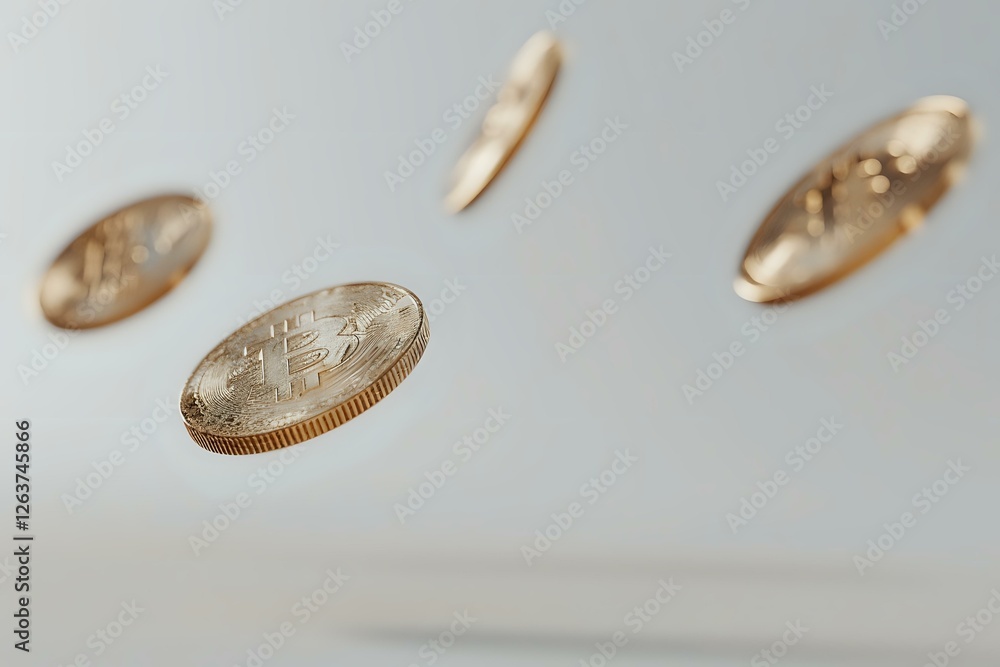 Poster golden bitcoin coins floating in air against light background, captured in motion with shallow depth
