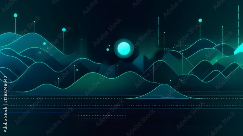 Poster abstract teal and dark green data visualization with glowing lines and dots forming hills and peaks.