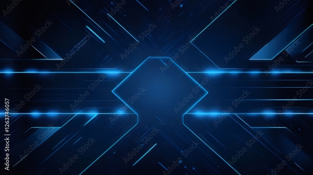 Poster abstract blue tech background with glowing lines and geometric shapes.