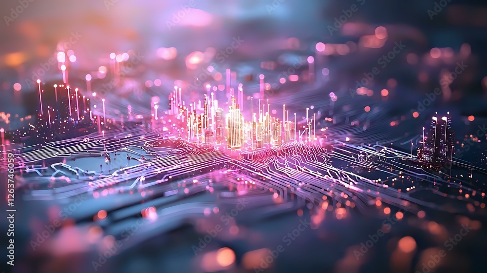 Poster futuristic circuit board with glowing pink and blue neon lights creating digital city skyline effect