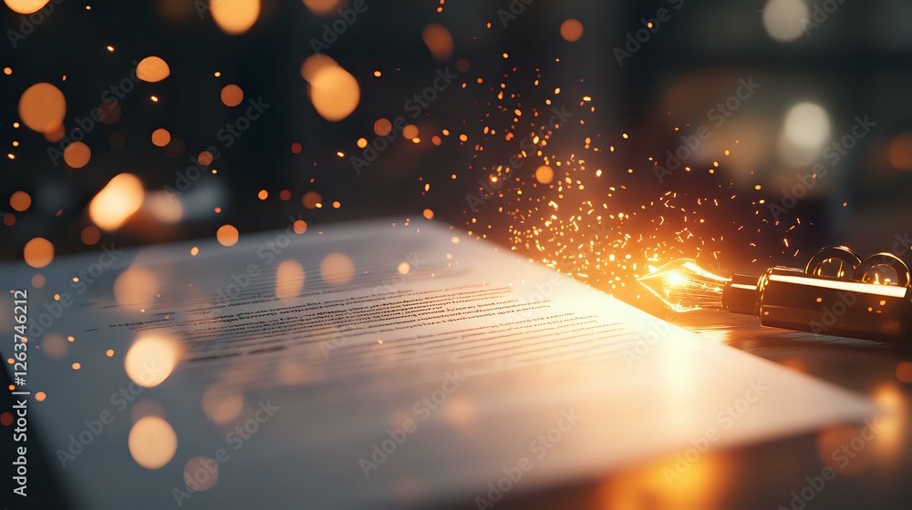 Poster glowing light bulb with magical sparks and bokeh effects on dark background creates atmospheric mood