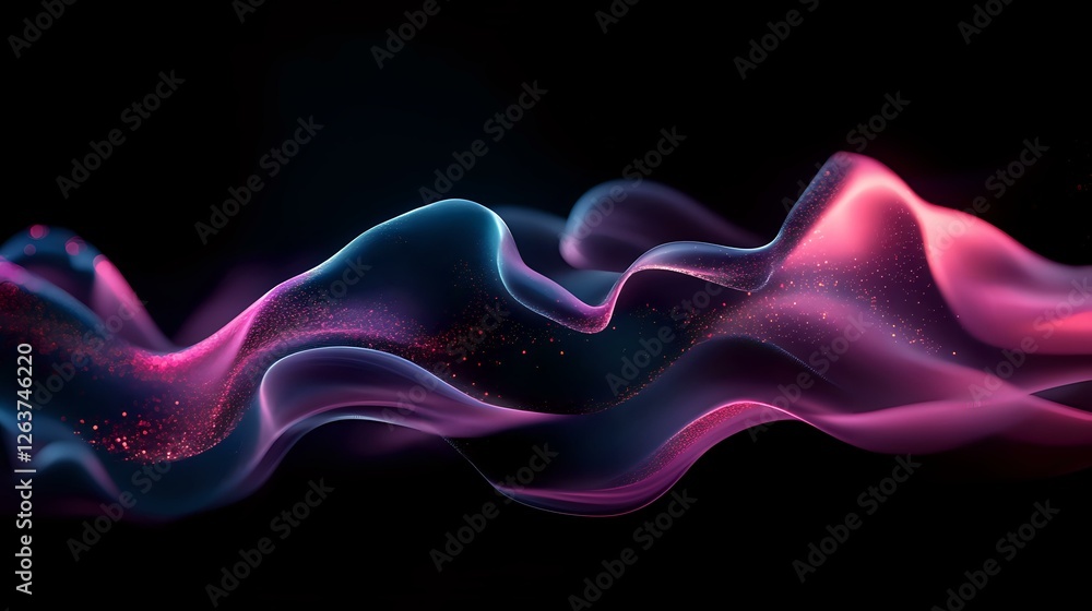 Poster ethereal flowing waves of pink and blue light with sparkling particles create dynamic motion against