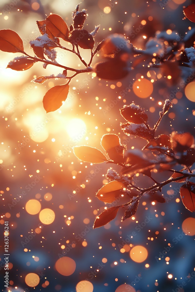 Poster magical winter scene with red leaves covered in frost against glowing bokeh background, sunlight cre