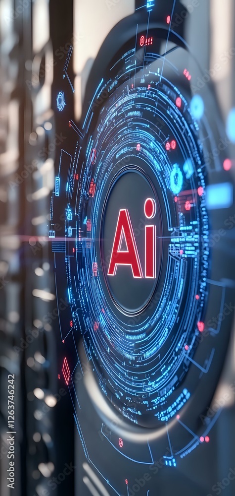 Aufkleber futuristic circular interface displaying ai text in red with glowing blue digital elements and data 