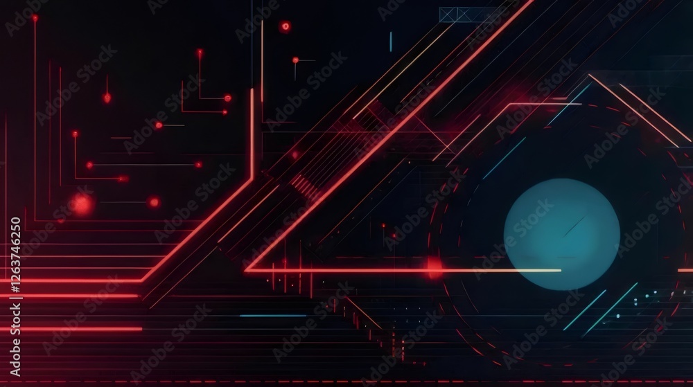 Poster abstract digital tech background with red and blue lines.