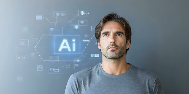 Mature Caucasian man with gray t-shirt looking thoughtful against digital background with AI symbol and network connections representing artificial intelligence concept.