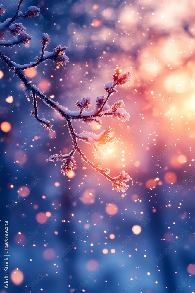 Poster frost-covered tree branches against pink sunset sky with falling snow creating magical winter atmosp