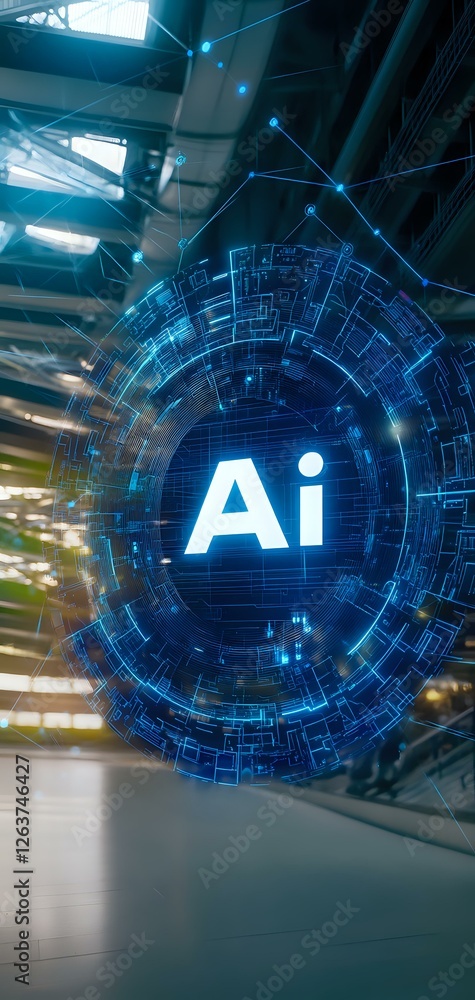 Poster glowing ai symbol surrounded by futuristic circular interface with digital connections and nodes in 
