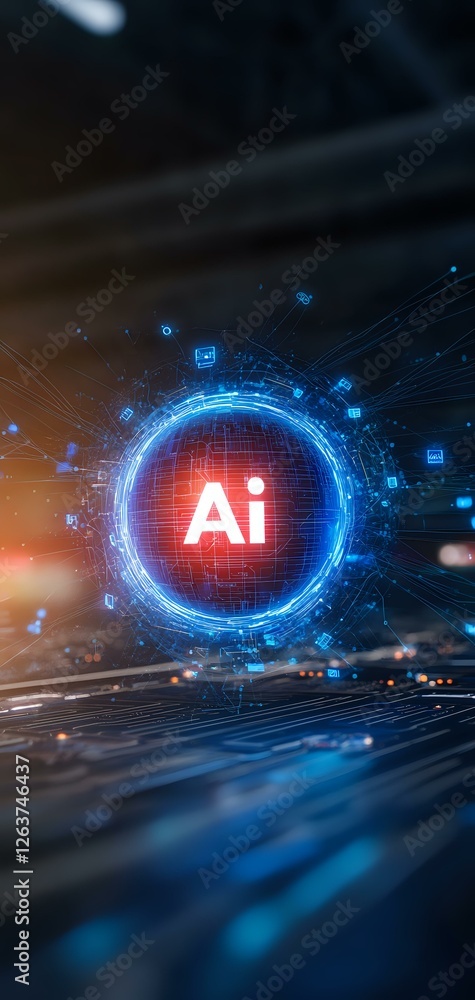 Poster glowing ai symbol surrounded by digital network connections and computer icons on dark background wi