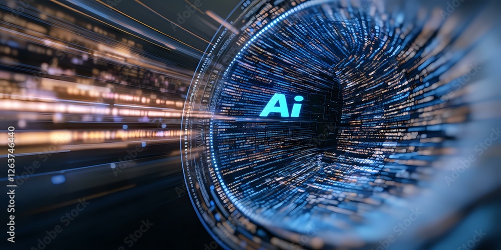 Poster futuristic digital tunnel with glowing ai symbol surrounded by streaming data and light trails in bl