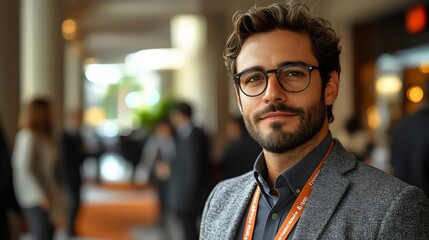 Fototapeta premium A man wearing glasses and a suit stands in a hallway with other people