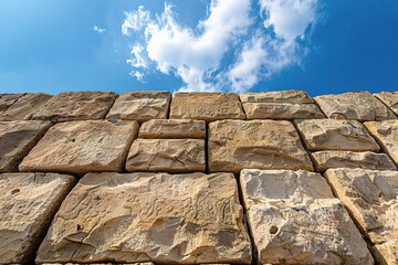 A close-up view of a stone wall under a bright blue sky with fluffy clouds.