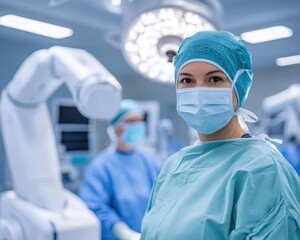 A focused medical professional in surgical attire prepares for a procedure in a modern operating room.